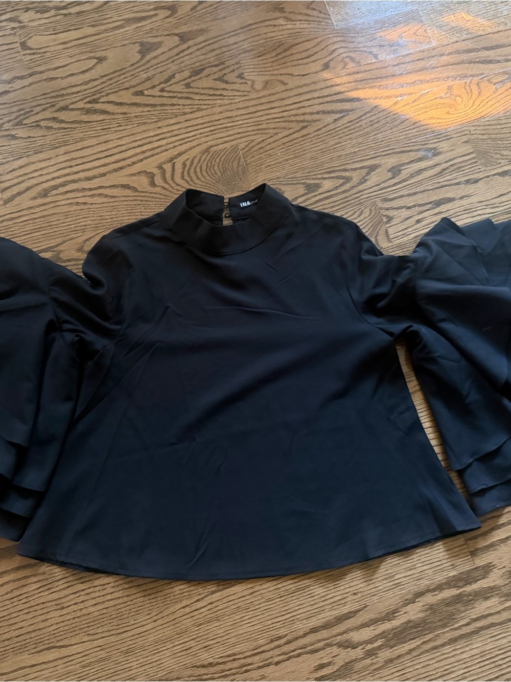 Ina Black Mock Neck Blouse with Layered Ruffle Sleeves